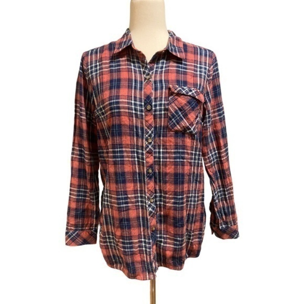 Petite Small J Jill Denim Plaid Shirt Womens Button Front Blue Long Sleeve‎